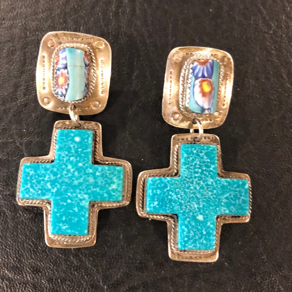 Silver & Turquoise Cross Earrings